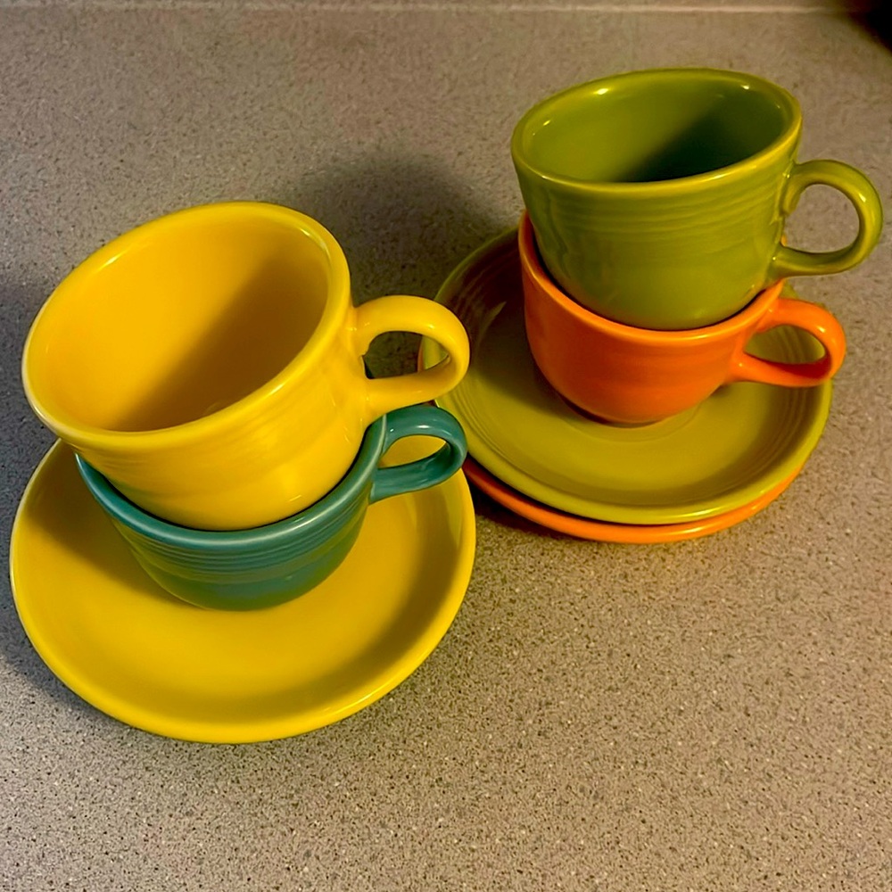 FIESTA WARE TEACUPS & SAUCERS - turqu, sunflower, lemongrass, tang - Set of 4!